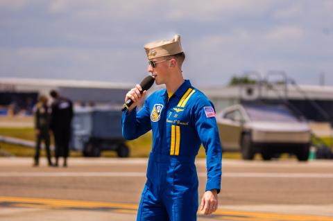 Lt. Connor O’Donnell (above) greets the crowd at the Air Dot Show on Saturday.